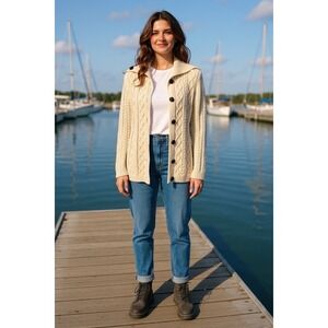 Cable Knit Cardigan Sweater Womens L Buttons Nautical Coastal Fisherman Chunky